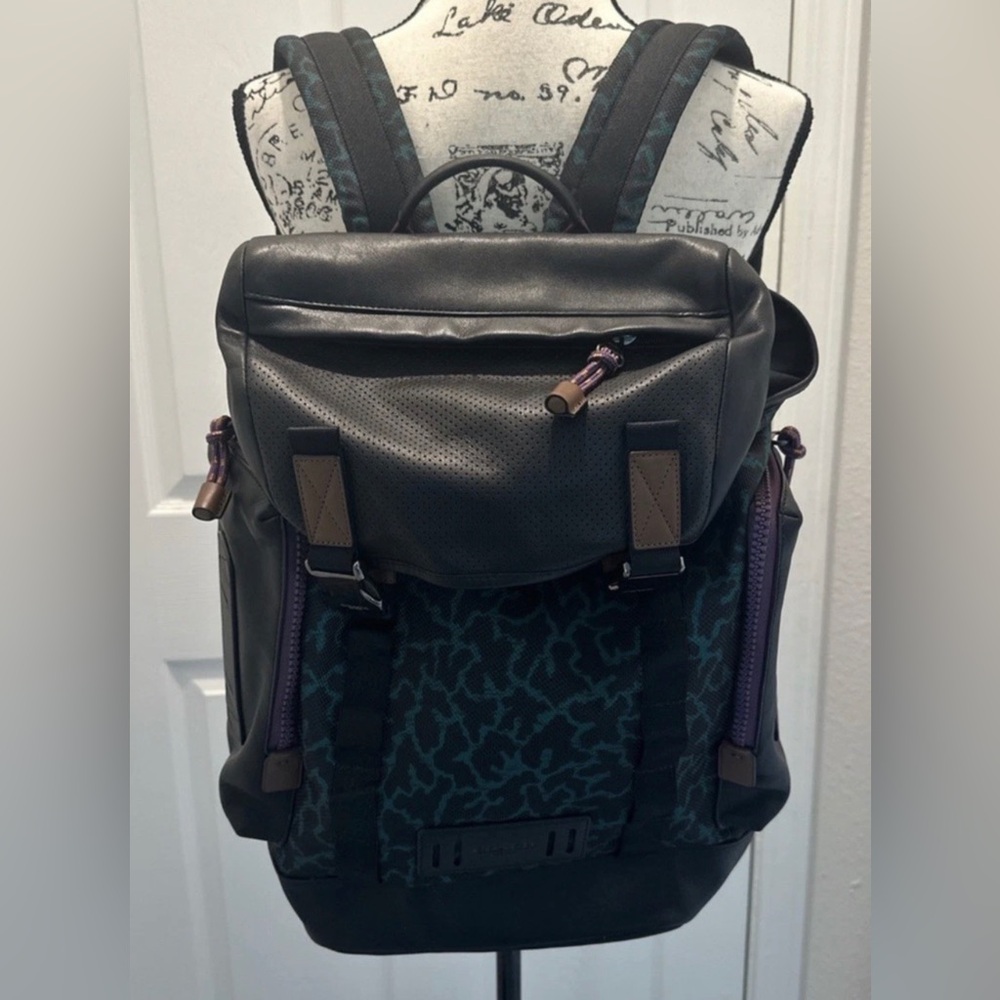 Coach X Disney Ranger Black & Teal Backpack Animal Wavy Print Calf Bag